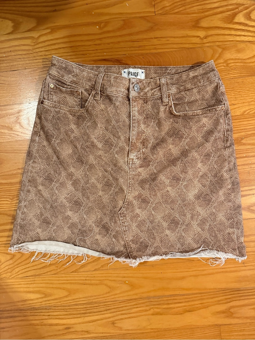 PAIGE Brown Snake-Print Denim Mini Skirt with Raw Hem